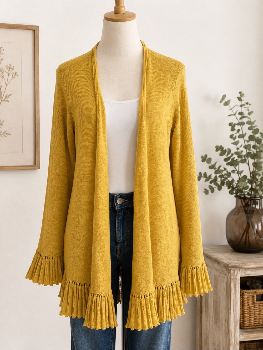 Mustard Yellow Ruffle Hem Open Front Cardigan Size L